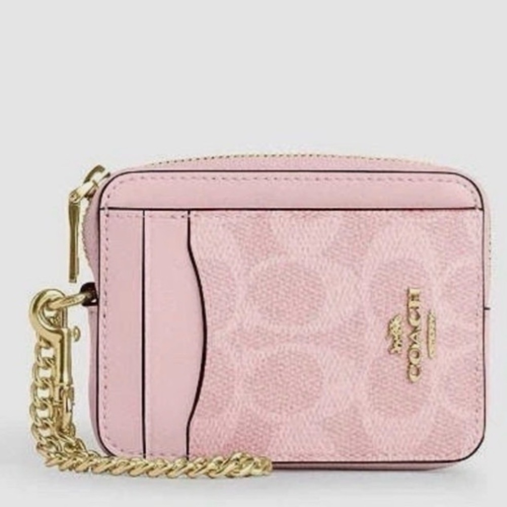 NWT Coach Zip Card Case Wallet In Signature Canvas CW883 POWDER PINK Wristlet